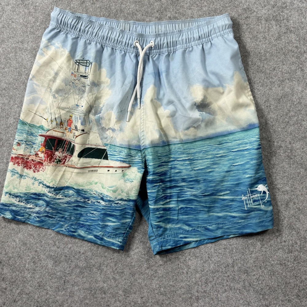Guy Harvey GHV56012 Swim Trunks Small Blue Fishing Boat Marlin Print Stretch
